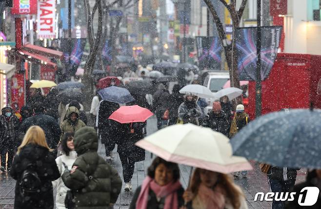 수도권 전역에 대설주의보가 내려진 9일 오후 서울 중구 명동 거리에서 눈이 내리고 있다. 2024.1.9/뉴스1 ⓒ News1 김민지 기자