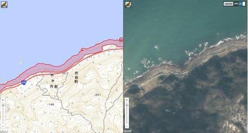 일본지리학회의 노토반도 강진 지형변화 검토 결과 2차 보고서 캡처. 오른쪽 지도의 붉은 선이 이번 강진으로 육지화된 부분.