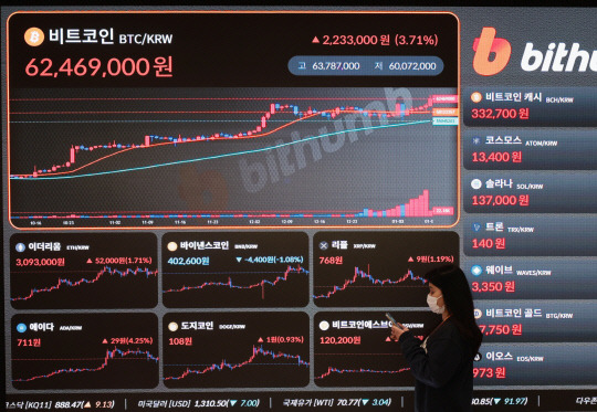 미국 내 비트코인 현물 상장지수펀드(ETF) 승인 시한이 다가오면서 비트코인 가격이 21개월 만에 4만7000달러(약 6192만원)를 돌파한 9일 서울 서초구 빗썸 고객지원센터 전광판에 비트코인 등 가상화폐의 실시간 거래가격이 표시되고 있다. <연합뉴스>