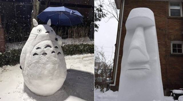토토로 눈사람(왼쪽)과 모아이 석상 눈사람. 온라인 커뮤니티 더쿠 캡처