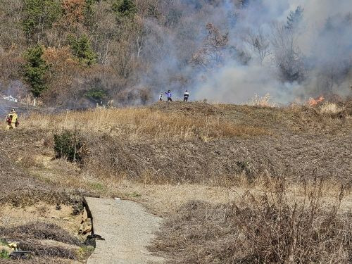 [해남=뉴시스] 8일 낮 12시38분께 해남군 화원면 한 야산에서 불이 다 산림 당국에 의해 57분만에 꺼졌다. (사진=산림청 제공) 2024.01.09. photo@newsis.com *재판매 및 DB 금지