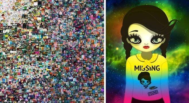 코인 시장의 반등과 함께 NFT의 거래량도 최근 다시 늘고 있다. 사진은 지난 2021년 크리스티 경매에서 785억원에 낙찰된 비플의 작품(왼쪽)과 국내 첫 NFT 미술품 경매에서 6억에 낙찰된 마리킴의 'Missing and found'. /크리스티, 피카프로젝트 캡처