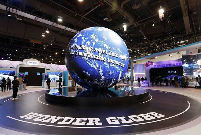 A spherical LED screen, dubbed "Wonder Gobe," located in the center of SK Group's pavilion at CES 2024 in Las Vegas. (SK Group)