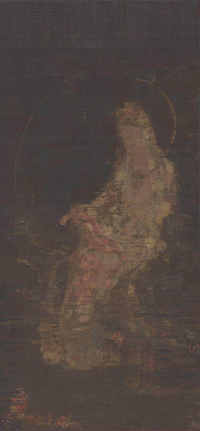 선재동자가 무릎을 꿇고 관음보살에게 지혜를 구하는 ‘수월관음도’. <국립중앙박물관>