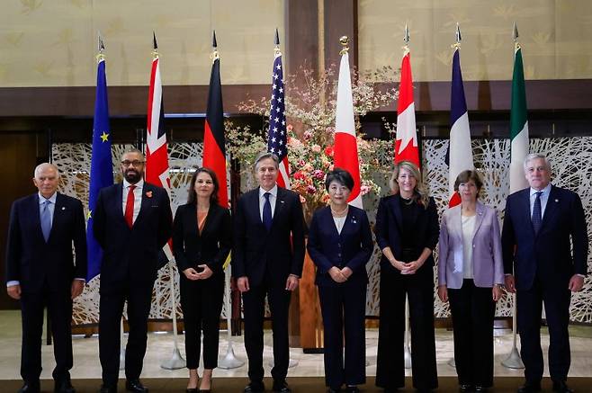 (L-R) High Representative of the European Union for Foreign Affairs and Security Policy Josep Borrell, British Foreign Secretary James Cleverly, German Foreign Minister Annalena Baerbock, US Secretary of State Antony Blinken, Japanese Foreign Minister Yoko Kamikawa, Canadian Minister of Foreign Affairs Melanie Joly, French Foreign Minister Catherine Colonna, Italian Foreign Minister Antonio Tajani pose for a family photo during their G7 foreign ministers' meetings in Tokyo on November 8, 2023. (Photo by JONATHAN ERNST / POOL / AFP)