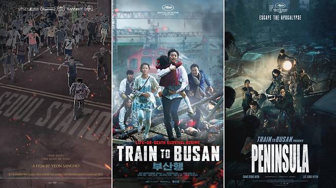 From left: posters for "Seoul Station," "Train to Busan" and "Peninsula" (Next Entertainment World)