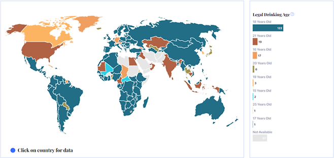 국가별 음주 연령 지도. 18세 이상인 나라가 대부분이지만, 16세 이상(17개국), 15세 이상(2개국), 미적용(57개국) 등 여전히 다양한 연령대로 운영되고 있다. [wisevoter.com 제공]
