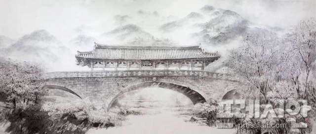 ▲전주 남천교 청연루 160x360cm ⓒ오산 홍성모 화백