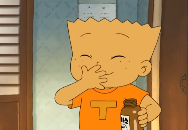 엄마 몰래 원기소를 먹는 만화 검정고무신 주인공 기영이. 맛있어서 하나씩 먹다 보니 다 먹어버렸다. [사진=유튜브 캡처]