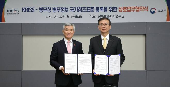 이기식 병무청장(왼쪽)과 이호성 한국표준과학연구원장.(병무청 제공)