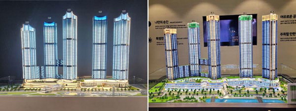 삼성물산(왼쪽)과 포스코이앤씨 홍보관 내부 모습.  건설사 제공