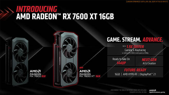 AMD 라데온 RX 7600에 그래픽 메모리를 두 배 늘리고 성능을 더 끌어올린 RX 7600 XT가 출시됐다 / 출처=AMD