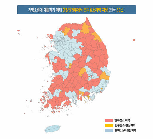 행정안전부가 발표한 ‘인구감소 지역’이 ‘인구감소 비위험지역’보다 넓다. 한국은 현재 저출산과 인구 고령화로 인해 대다수의 지방 도시가 인구감소 위기를 맞고 있다. 아주대 제공