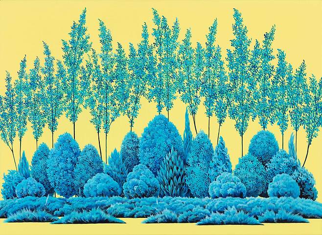 정영환, Mindscape, 캔버스에 아크릴, 53.0x72.7cm, 2022. 엄격한 수직성을 살려 그림을 그린 작가가 곡선을 활용해 그린 그림. [서정아트 서울 제공]