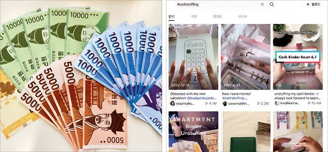 기자가 구입한 페이크 머니(왼쪽). 틱톡에 캐시 스터핑을 검색하면 다양한 현금 챌린지 영상이 쏟아진다.