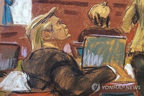 명예훼손 재판에 출석한 트럼프(일러스트) [로이터 연합뉴스 자료사진]