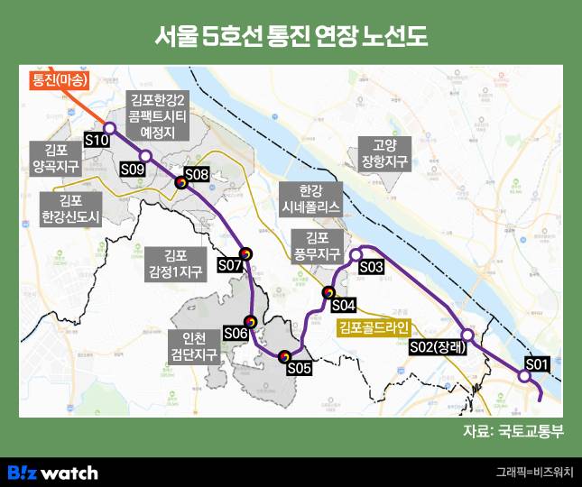 서울 5호선 통진 연장 노선도./그래픽=비즈워치