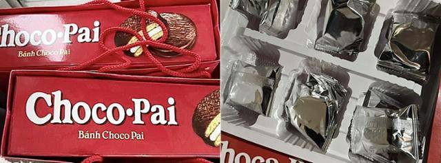 지난 11일 베트남 하노이 제과류 도매거리에서 촬영한 짝퉁 초코파이, '초코파이(Choco-Pai)'의 상단(왼쪽 사진)과 제품 내부 모습. 현지에서 만난 이들은 "유해물질이 있을 가능성이 크다"며 먹지 말라고 조언했다. 하노이=허경주 특파원