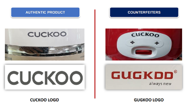 베트남에서 판매 중인 쿠쿠전자의 전기밥솥. 정품(왼쪽·CUCKOO)과 달리 일부 가짜 제품은 브랜드명의 알파벳 C를 G로 바꿔 판매하고 있다. 아예 정품 로고를 그대로 갖다 쓴 제품도 찾아볼 수 있다. 쿠쿠전자 제공