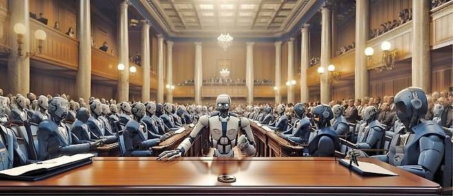 그리스 철학자 플라톤은 철학자가 대중을 지배하는 ‘철인 정치’를 주장했다. 그로부터 2500년이 지난 지금 철인의 대안으로 인공지능(AI)이 부상했다. 이미지 생성형 AI ‘미드저니’에 ‘AI가 활약하는 국회’의 모습을 그려달라는 내용의 프롬프트를 입력했다. /미드저니