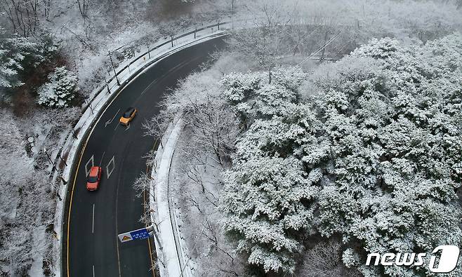 20일 오전 2시를 기해 경북 북동산지에 대설주의보가 발효됐다. 사진은 지난 10일 오전 대구 동구 팔공산 순환도로 주변이 밤사이 내린 눈으로 하얗게 변한 모습. (사진은 기사 내용과 무관함) 2024.1.10/뉴스1 ⓒ News1 공정식 기자