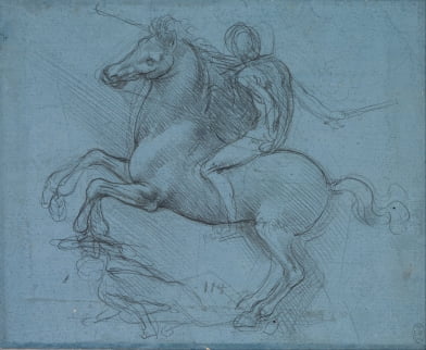 다빈치의 청동 기마상 스케치(1490). 하지만 당시 기술로는 청동으로 이런 모양의 작품을 만들 수 없었다고 한다. 뒷다리만으로 거대한 청동상의 무게를 지탱할 수 없었기 때문이다.