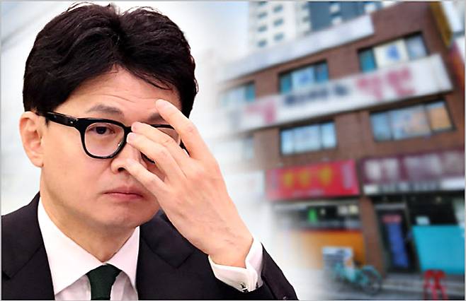 한동훈 국민의힘 비대위원장과 한 위원장 소유 상가 외관 (사진=이데일리)