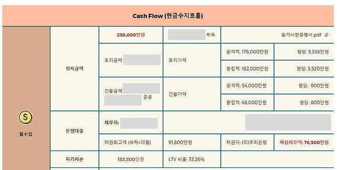 (의뢰인의 현금수지흐름 中 일부, 제공 : 밸류업이노베이션)