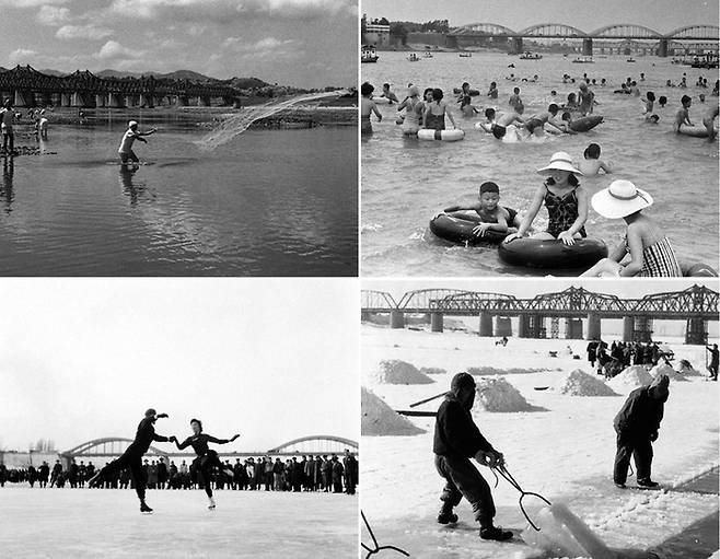 1950~60년대 한강의 사계절 모습. (좌측 상단부터 시계방향으로) 1960년대 한강 어부들이 투망을 던져 고기잡이를 하고 있다. 1961년 7월 한강 인도교 인근에서 시민들이 강수욕을 즐기고 있다. 1957년 2월 한강에서 채빙작업이 진행중인 모습. 1956년 한강에서 빙상대회 경기가 열리고 있다. [서울시·정부기록사진집·국가기록원]
