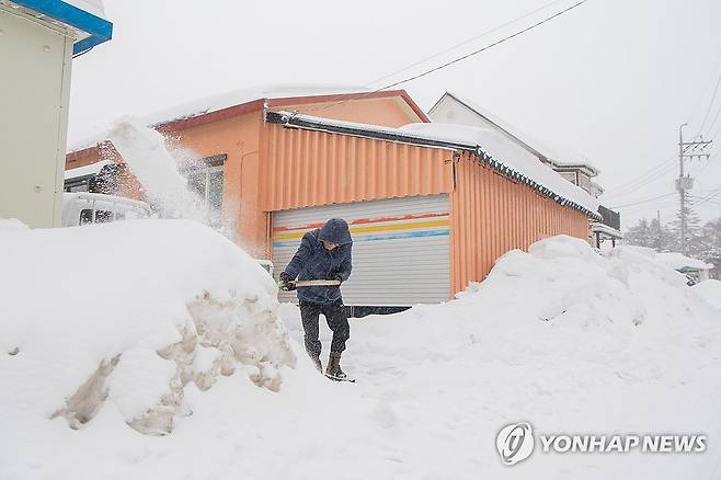 고성군 눈 치우기 한창 (강원 고성=연합뉴스) 지난 21일 강원 고성 지역에 30㎝ 내외의 눈이 내려 쌓여 있다. [고성군 제공. 재판매 및 DB 금지]