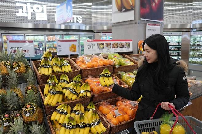 한 고객이 23일 롯데마트 제타플렉스 서울역점 농산 매장에서 바나나를 살펴보고 있다. 롯데마트 제공