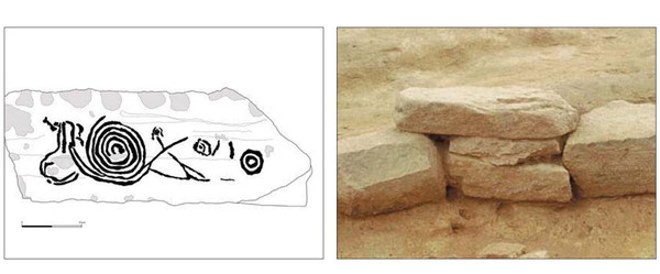 복천동 79호 암각화 도면(왼쪽)과 복천동 79호 암각화가 출토된 모습. 부산박물관 제공