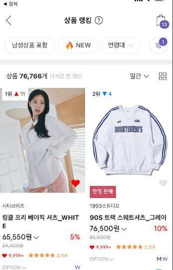 무신사 판매 순위에서 1위를 기록한 시티브리즈