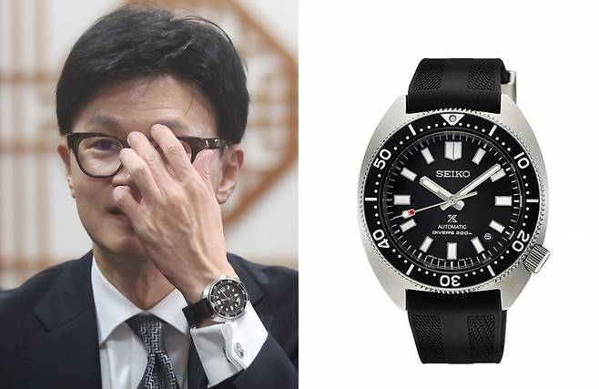 한동훈 국민의힘 비대위원장이 안경을 만지고 있다. 그는 세이코사 시계를 착용하고 있다. [연합]