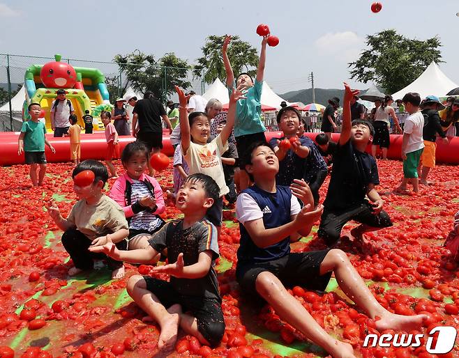 퇴촌 토마토 축제가 신종 코로나바이러스 감염증(코로나19) 발생 이후 4년 만에 정상적으로 개최된 16일 오후 경기 광주시 퇴촌면 공설운동장에서 열린 '제21회 퇴촌 토마토 축제' 토마토 풀장에서 아이들이 즐거운 시간을 보내고 있다. 2023.6.16/뉴스1 ⓒ News1 김영운 기자