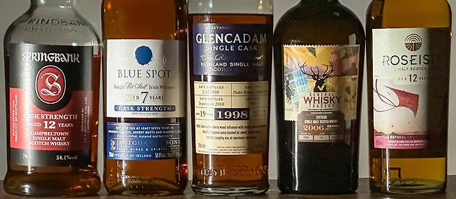 여러 증류소의 캐스크 스트렝스 제품들 모습 /김지호 기자