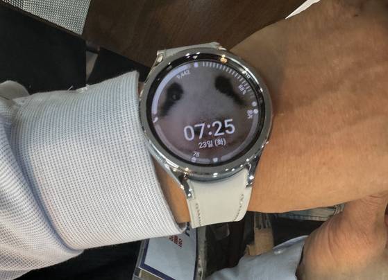Kang has a picture of Fu Bao on his smartwatch. [YIM SEUNG-HYE]