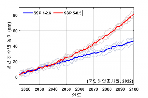 시나리오별 우리 주변해역 평균 해수면 전망 그래프. 국립해양조사원 자료