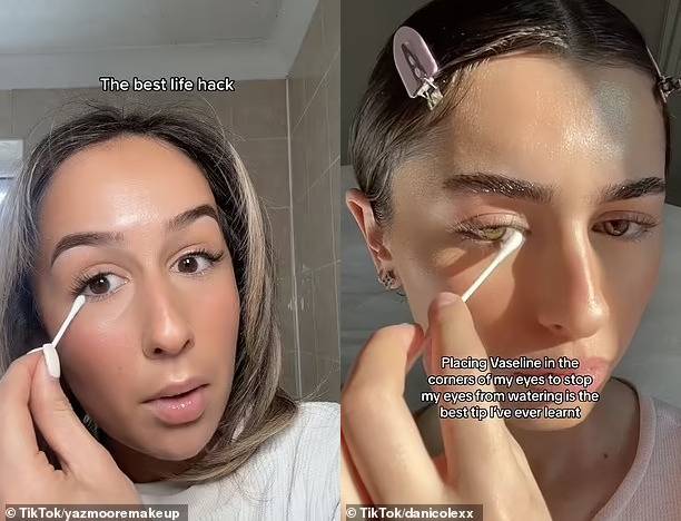 최근 눈 앞머리, 눈꼬리 등에 바세린을 바르는 방법이 유행이다. 7만 구독자를 보유한 인플루언서(왼쪽)는 눈에서 물이 많이 나오는 사람에겐 최고의 방법이라고 주장했다. 46만 구독자를 보유한 여성(오른쪽)도 최고의 팁이라며 해당 방법을 극찬했다. [사진=틱톡 'yazmooremakeup' (왼쪽) / 틱톡 'danicolexx']