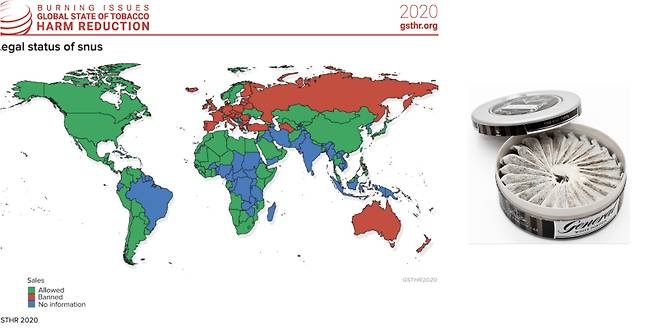 왼쪽은 스누스의 판매 여부를 표시한 세계지도. 스누스 판매가 합법인 나라는 초록색, 불법인 나라는 빨간색으로 표시되어 있다. 스웨덴, 노르웨이, 스위스를 제외한 대부분의 유럽 국가는 스누스 판매를 허용하지 않는다. 스누스는 작은 티(tea) 사이즈의 봉지로 만들어진 담배다. 오른쪽 사진은 스웨덴 브랜드 제러널에서 만든 스누스. 위키피디아