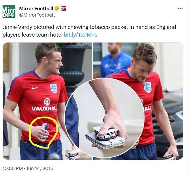 제이미 바디는 2016 유로 대회에 참가한 잉글랜드 대표였다. 웨일즈와의 조별 리그 경기를 불과 이틀 앞두고 사진에 찍힌 바디의 오른손에는 에너지 드링크 레드불, 왼손에는 스누스가 들려 있다. 이에 데일리미러는 1면에 레드불과 니코틴 같은 각성제를 이용해 바디는 경기를 대비한다고 보도했다. 바디는 경기전 3캔의 레드불과 에스프레소 2잔을 마시는 것으로도 유명하다. 이러한 각성제가 그를 얼마나 도와줬는지는 알 수 없지만, 잉글랜드는 바디의 선제골에 힘입어 웨일스에 2-1 승리를 거뒀다. 데일리미러 풋볼 트위터