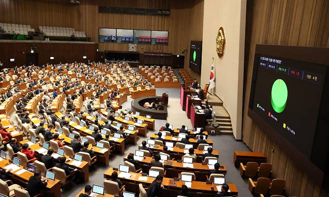 지난 25일 국회 본회의를 통과한 달빛고속철도 특별법의 경제적 생산유발효과에 대한 기대가 높다. 사진은 지난 25일 오후 서울 여의도 국회에서 열린 제412회국회(임시회) 제1차 본회의에서 '달빛고속철도 건설을 위한 특별법안'이 가결되는 모습. /사진=뉴시스