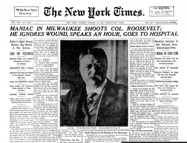 1912년 시어도어 루즈벨트 대통령 암살 시도 사건을 보도한 뉴욕타임스 1면 기사. 시어도어 루즈벨트 대통령 도서관 홈페이지