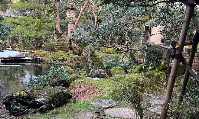 호시료칸. 일본 이시카와현 고마쓰시에 위치한 호텔로 작은 연못과 언덕, 고목 풍경을 볼 수 있다.