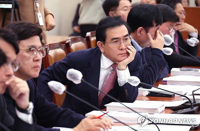 심각한 태영호 의원 2023년 11월 국회에서 열린 외교통일위원회 전체회의에서 국민의힘 태영호 의원이 탈북민 강제송환 관련 결의안에 대한 야당 의원의 발언을 듣고 있다.