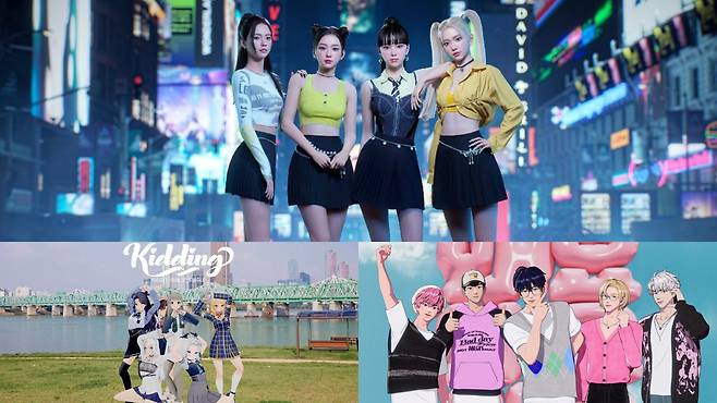 지난해 1월 데뷔곡 ‘판도라’를 발표해 유튜브 뮤직비디오 영상 조회 수 2700만회를 기록한 4인조 가상 걸그룹 ‘메이브’(위), 올해로 데뷔 3년 차를 맞은 6인조 가상 걸그룹 이세계 아이돌. 지난해 오프라인 공연 관객 1만여 명을 모아 화제가 됐다(아래 왼쪽), 지난해 3월 데뷔한 5인조 가상 보이 그룹 플레이브. 국내 가상 아이돌 최초로 앨범 초동 판매 20만장을 달성했다./메타버스엔터·패러블엔터·블래스트