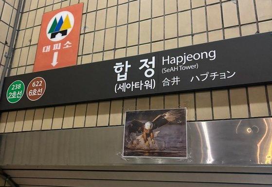 서울지하철 2·6호선 합정역 출구에 흰머리수리 사진이 붙어 있다. 엑스 캡처