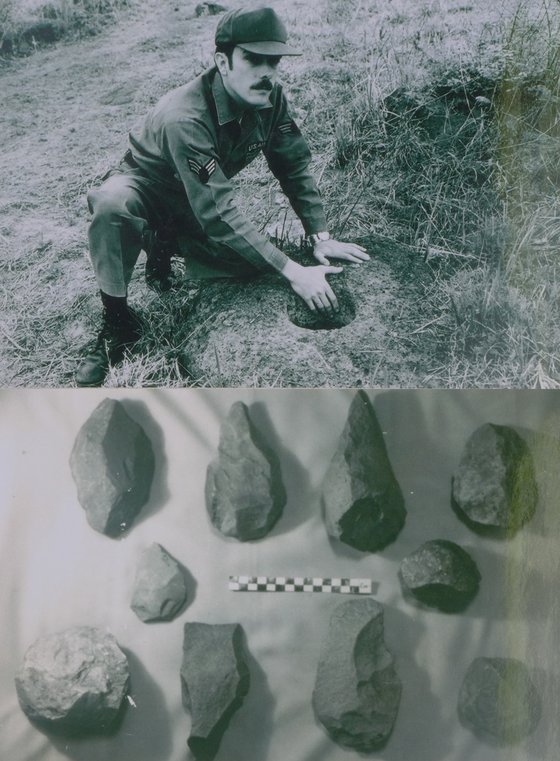 1978년 한탄강 근처에서 동아시아 최초로 아슐리안형 주먹도끼를 발견한 그렉 보웬(위 사진)과 연천구석기유적에서 출토된 석기들.