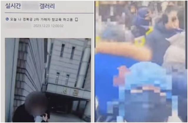 지난달 22일 서울중앙지법에 방문한 중학생 A군(15). 이날 그가 "경복궁 낙서 모방범을 참교육했다"며 온라인에 올린 영상(왼쪽 사진)과 이재명 민주당 대표 법원 출석 현장에서 지지자들을 배경으로 찍은 셀프 영상. 채널A 보도화면 캡처