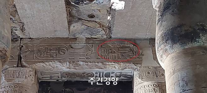 세티 1세 신전에 있는 오파츠로 유명한 아비도스의 헬리콥터. 곽 소장 설명에 따르면 이는 두 시대에 각각 새겨진 문자가 겹쳐지며 우연히 만들어진 것이다./김찬호 기자